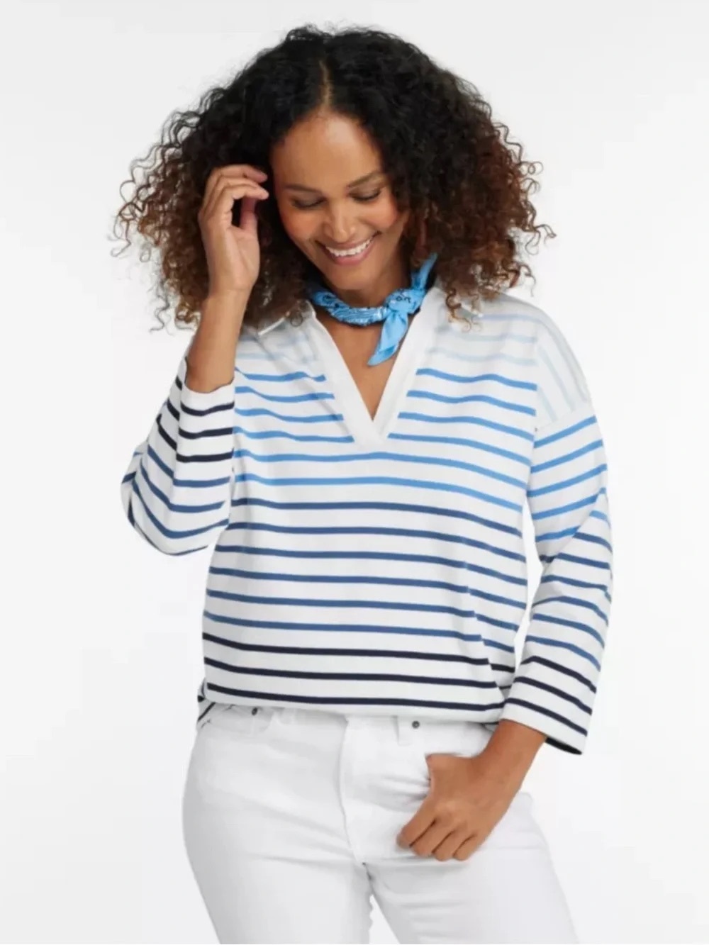 L.L. BEAN | Striped Cotton Knit Ombre V-Neck Polo Nautical Summer Pullover